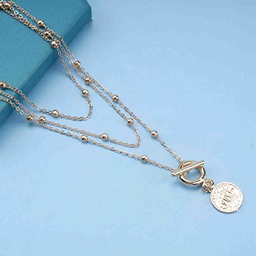 Erimberate Bohemian Medallion Pendant Necklace Chain Layered Carved Coin Necklace Choker Satellite Chain Necklace Gold Toggle Chain Necklace Jewelry For Women And Girls #TOP4