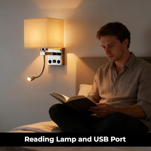 Image of Sconces Wall Lighting Hardwired Modern Wall Lights for Bedroom with USB Port and Reading Lamp, Bedside Wall Lamps for Hotel, Living Room, Office (Silver)