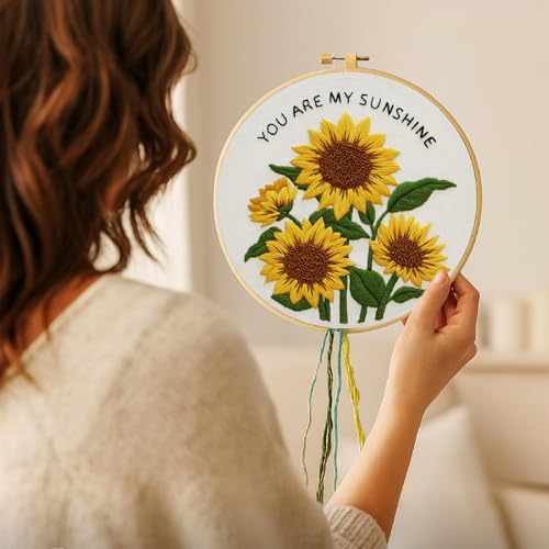 Image of Nuberlic Sunflower Embroidery Kit for Beginners -Adults Starter Cross Stitch Kit DIY Needlepoint with Hoop, Pre-Printed Fabric, Threads & Step-by-Step Guide