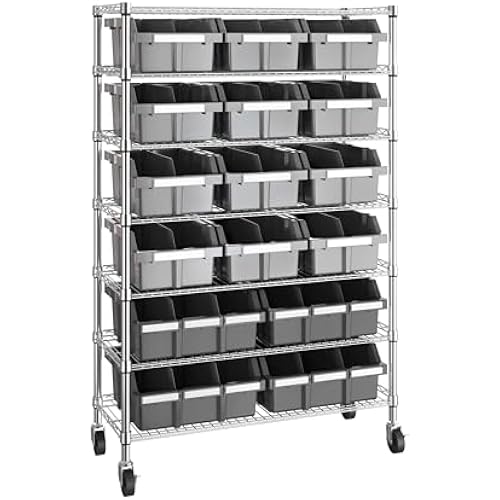 7-Tier NSF 16-Bin Steel Wire Shelving Rack, 36"W x 14"D x 56"H, Gray