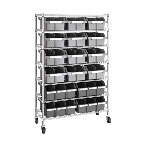 Image of 7-Tier NSF 16-Bin Steel Wire Shelving Rack, 36 inchW x 14 inchD x 56 inchH, Gray | 16 slide-out bins with tilt-lock design keep supplies organized and accessible