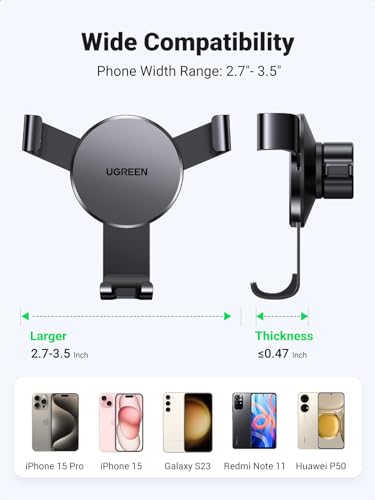 Image of UGREEN Car Phone Holder Air Vent Universal Gravity Mount Cradle, Compatible with iPhone 16 Pro Max, Galaxy S25 Ultra, and More 5.8-7.2'' Phones, Black
