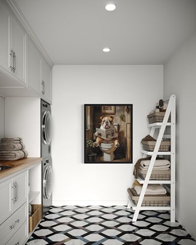 Image of Bulldog on Toilet Black Framed Wall Art Print Poster, Dog Bathroom Humor Decor Posters Prints for Restroom Home Picture Painting Artwork Gallery 7 (Bulldog, 18 x 24 inches, Black Frame)