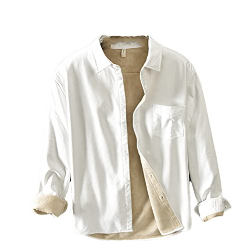 Dickes Fleece-Hemd für Herren, Brusttasche, Oxford-Baumwolle, einfarbig, langärmelig, Revers, 518 Weiß, M