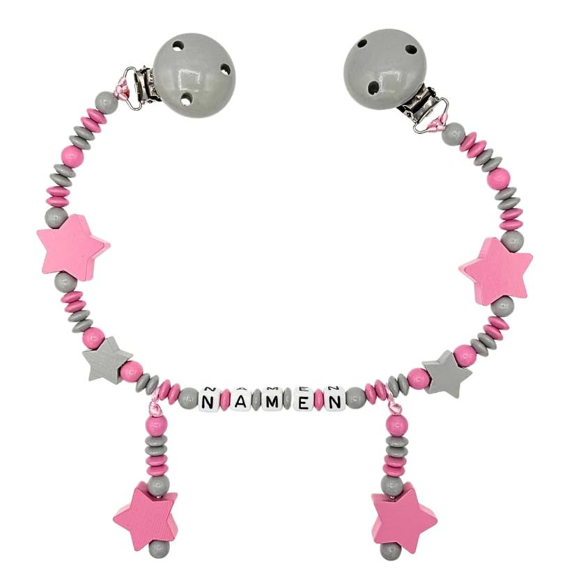 Set Nuckelkette + Kinderwagenkette mit Namen " STERNE " Hellgrau Babyrosa/Baby/Unisex/Personalisiert/HANDMADE