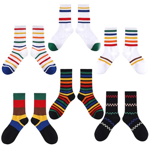 Image of Trendy Women Striped Crew Socks Bulk, Retro 70s 80s Casual Athletic Sock, Slouchy Crew Socks Teens
