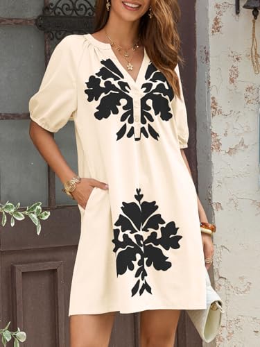 Image of Wenrine Womens Puff Short Sleeve Mini Dress Summer Floral Print Button V Neck Loose Casual Shift Dresses with Pockets