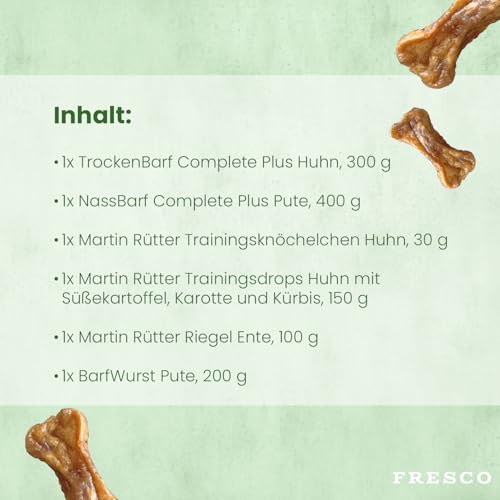 FRESCO Dog Feinschmeckerbox Geflügel - Geschenkbox für Hunde mit Snacks, Kaustangen und BARF-Menüs - 100% natürlich und getreidefrei - Leckerlis und Hundefutter für alle Rassen (300g, Geflügelfleisch)