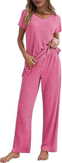 ELESOL Womens Pajamas 2 Piece Lounge Sets Ribbed Knit Matching Outfits V Neck Sleepwear Loungewear