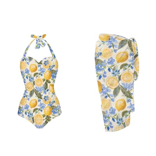Zarisguat Retro Lemon Women One Piece Swimsuit with Long Cover
