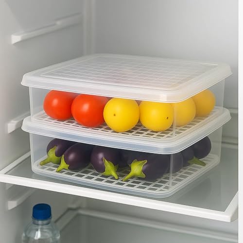 Image of Sulfar Fridge Storage Boxes Fridge Organizer with Removable Drain Plate Tray, Storage Container (Pack of 3)