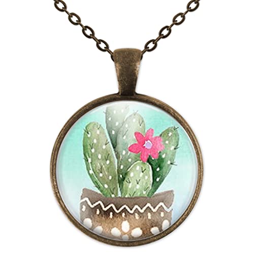 Collier cabochon, sautoir illustré, parure"le cactus", fleur, nature, bleu, vert, marron, rose (ref.63)
