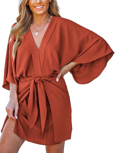 Image of CUPSHE Womens Vacation Mini Summer Dress V Neck Kimono Sleeve Belted Flowy Loose Resort Wear Casual Beach Cover Up Dress