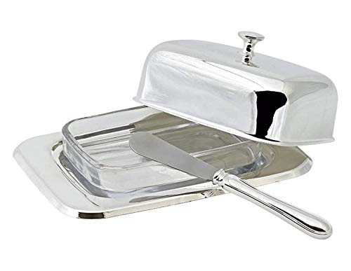 EDZARD scatola per burro Mista per 250 g di burro, 13 x 18 cm, argento pregiato placcato, lucidato, con inserto in vetro, coltello incluso