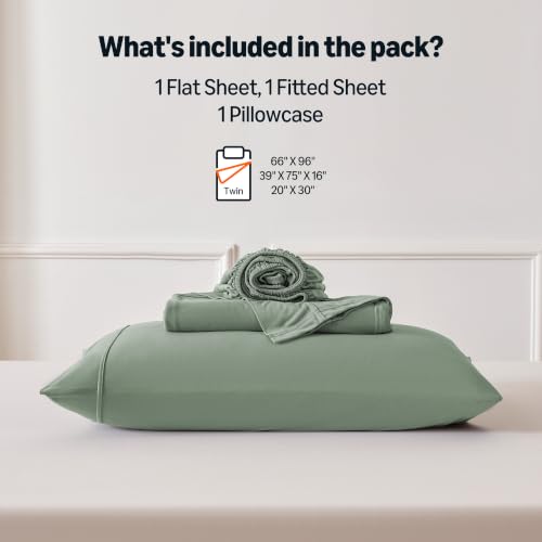 Image of Amazon Basics Jersey Knit 3-Piece Sheet Set, Wrinkle Resistant and Easy Fit, Includes 16 inch Deep Pocket Fitted Sheet, 1 Flat Sheet and 1 Pillowcase, Twin, Sage Green