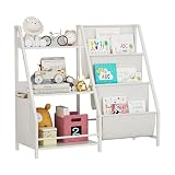 Zifone Kids Bookshelf and Toy Storage Organizer, Montessori Bookcase for Toddler Nursery, Wooden & Fabric Book Shelf with Anti-Tip Safety, White