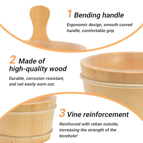 Sauna Bucket and Ladle Set, Wooden Sauna Bucket Sauna Accessories, LuxurySauna Wood Bucket Kit 1 Gallon (4 Liters) for Sauna Steam Room Indoor Outdoor