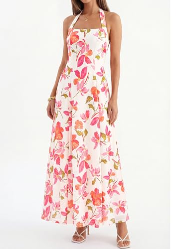 KIRUNDO Women's Summer Sleeveless Halter Floral Maxi Dress 2026 Beach Wedding Guest Cocktail Mesh Flowy A Line Long Sundress(White, Large) — view 6