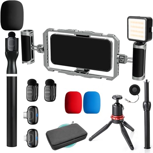 Image of Movo IRL-PRO Wireless Vlogging & Streaming Kit for IRL Streamers – Dual Lav Mics, Stabilizer Cage, LED Light & Cold Shoe Mounts – Mobile Live Streaming Rig for Twitch, Kick & YouTube Live