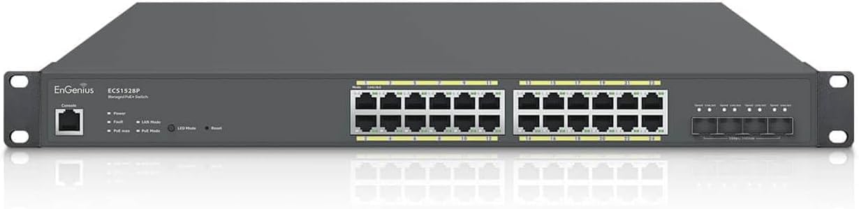 EnGenius ECS1528P Cloud Managed 24-Port Gigabit PoE+ Switch With 4 SFP+ Ports - 3 Layer Supported - Modular - 240 W PoE Budget - Optical Fiber, Twisted Pair