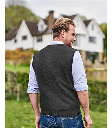 Aoysky Sweater Vest For Men V Neck Sleeveless Chunky Cable Knit Sweaters Pullover Casual Relaxed Fit Solid Plain Vest Dark Grey #TOP4