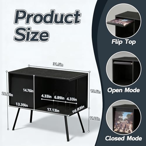 Image of Faesun Flip Top Record Player Stand, Large Turntable Stand Holds up to 150+ Albums, Vintage Mid Century Record Player Table, Stereo Cabinet with Open Storage, for Living Room, Bedroom, Black