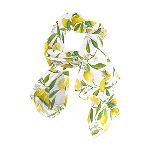Yellow Lemon Fruits With Green Leaves White Flowers Women Long Silk Scarf, Shawl Chiffon Large Stole Headscarf, Lightweight Sunscreen Satin Scarves Wraps for Wedding Party Gift