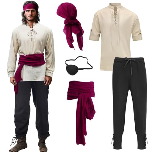 Ginkago 5PCS Piratenkostüm Set Piraten Augenklappe Mittelalter Hemd Hose Herren Piratentuch Mittelalter Kostüm Set Faschingskostüme Für Karneval,...