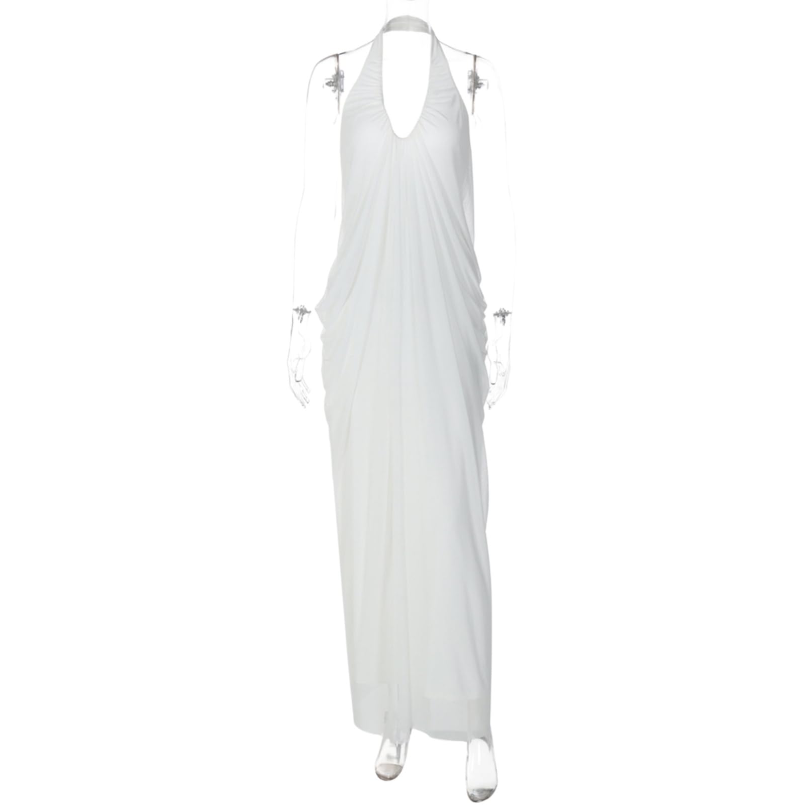 Vestito Moda Donna Senza Schienale Maglia Maxi Abito, Abito Maniche Halter Piegato per Cocktail Party E Abbigliamento Serale-White-m