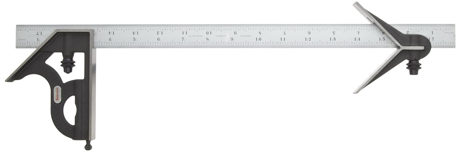 Starrett C11HC-18-16R Cast Iron Square And Center Heads With Satin Chrome Blade Combination Square, Black Wrinkle Finish, 16R Graduation, 18" Size