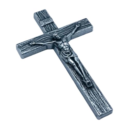 Crucifixo Cruz de Mão Metal Prateado Pequeno 9 cm