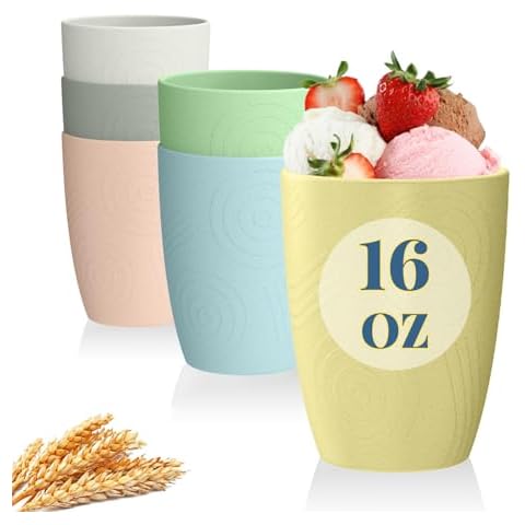 SINOGE Wheat Straw Cups Set of 6, 16 OZ Unbreakable Plastic Cups Reusable with Etched Pattern, Unbreakable Kids Drinking Cups, Microwave and Dishwasher Safe Water Cups Sets for Kitchen- Macaron Feast Cover