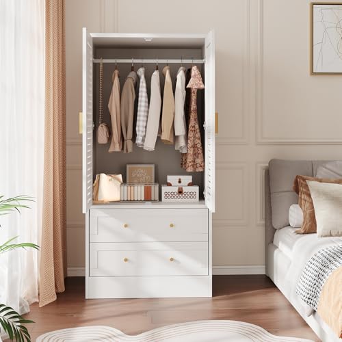 65" Wooden Armoire Wardrobe Closet, Wood Clothing Storage Cabinets with 2 Doors and 2 Drawers, Wooden Wardrobe Closet with Hanging Rod for Bedroom, Cloak Room, Laundry Room, Entrance Hall(White)