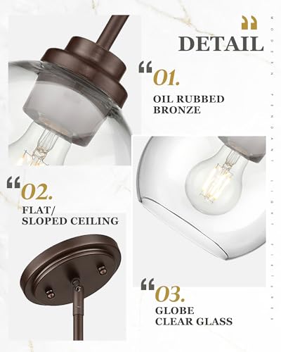 Image of 2-Pack Pendant Lights Kitchen Island, 7 inch Oil Rubbed Bronze Hanging Lights Fixtures with Clear Glass Globe Shade, Modern Kitchen Island Lighting for Bathroom, AD-22280-1P2-ORB