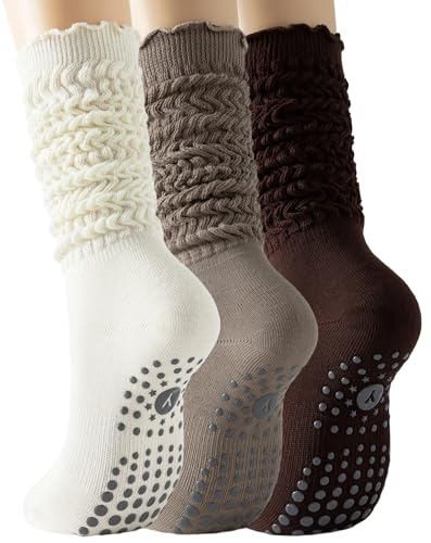 Image of Yawlsow Pilates Socks with Grips for Women Yoga Ruffle Grippy Non Slip Long Slouchy Scrunch Socks for Barre Workout Hospital