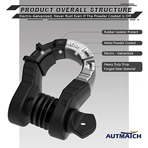 Autmatch D Ring Shackles 3/4" Shackle (2 Pack) 68,000Ibs Break Strength With 7/8" Screw Pin And Shackle Isolator & Washers Kit For Tow Strap Winch Off Road Vehicle Recovery Matte Black #TOP3
