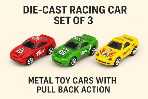 Image of DREAMY DEN Metal Die-Cast Pull Back Cars Set of 3 | Mini Sports Racing Cars for Kids | Fast, Durable & Colorful Toy Vehicles | Ideal Gifting Option for 3+ Years
