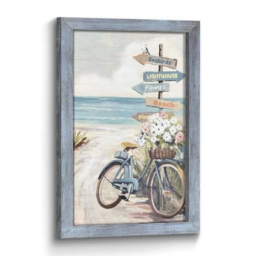 Coastal Seascape Rustic Wall Decor: Beach Tropical Seaside Bicycle with Flower Beachy Signs Scenery Wooden Framed Art Prints Picture Ocean Seashore Painting Artwork for Bedroom Bathroom Home Office 36"x24"
