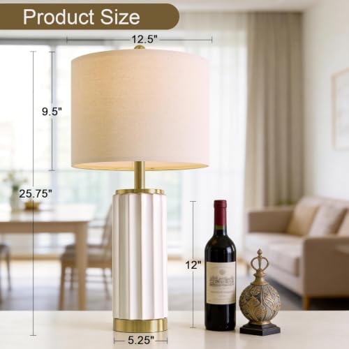 Image of USumkky 25.75 inch Off-White Ceramic Table Lamp Set of 2, Mid Century Modern Bedside Nightstand Lamps for Bedroom Living Room, Linen Shade & Gold Metal Base, Rotary Switch E26 (Bulbs Excluded)
