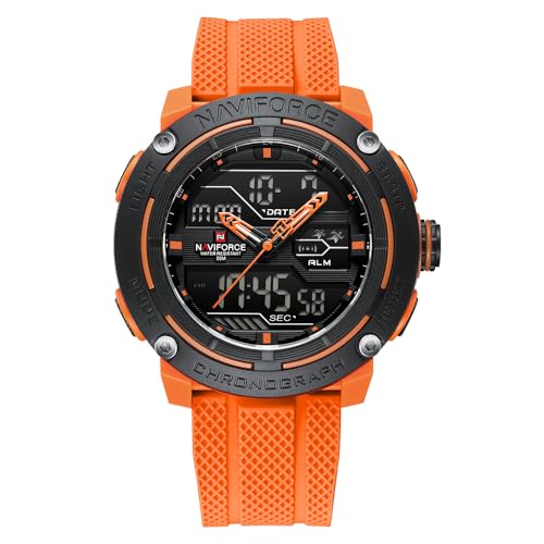 NAVIFORCE Relojes deportivos impermeables de 5 ATM para hombre, correa de silicona, analógico, digital, reloj despertador cronógrafo, reloj de pulsera luminoso, Naranja, Deporte NAVIFORCE Relojes deportivos impermeables de 5 ATM para hombre, correa de silicona, analógico, digital, reloj despertador cronógrafo, reloj de pulsera luminoso, Naranja, Deporte