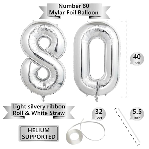 Image of Number Balloons Silver Party Balloon - Giant Number 80 Balloon, 40 Inch Large Balloon for 80th Birthday Decorations, Silver Party Supplies for Anniversary