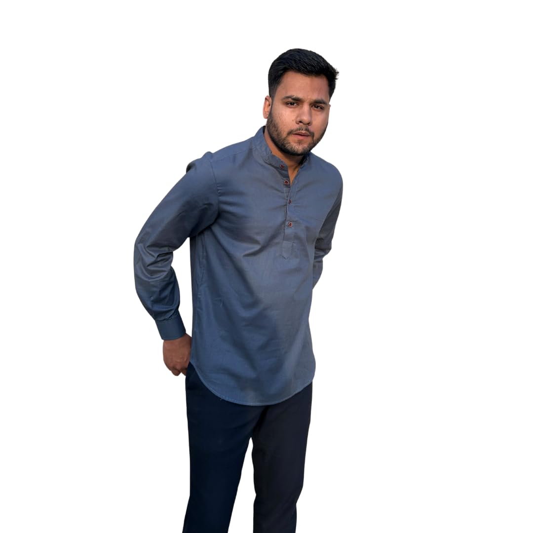Men's Linen Cotton Solid Short Kurta - Full Sleeve, Mandarin Chinese Collar, Regular Fit-picture-22