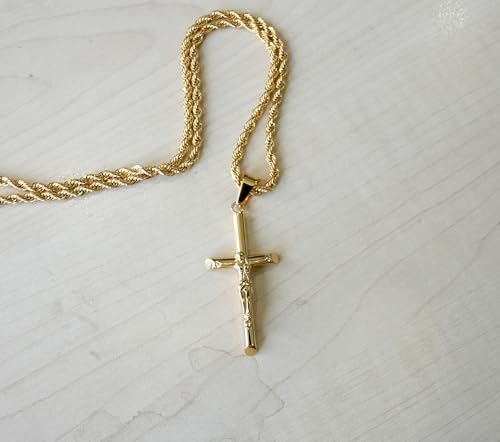 14K Gold Rope Chain Crucifix Style Cross Pendant Necklace 3MM Cross Necklace Clasp for MEN, HUSBAND Thin for Charms Miami Cuban Link Diamond Cut Religious2