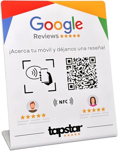 TAPSTAR Soporte Reseñas Google NFC y QR - Stand para Conseguir Reviews Google - Cartel NFC QR Opiniones Google - Compatible con Android & iPhone - Configuración Fácil con Web App - Sin Suscripciones