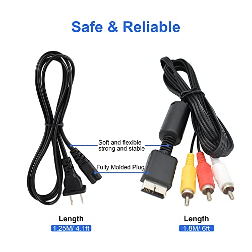 Power Cord And Av Cable For Ps1 Ps2 Ps3, Ac Power Cord And Av Cable Compatible With Playstation 1 2 3, 2 Prong Power Supply & Audio Video Rca Av Cable Replacement Set #TOP4