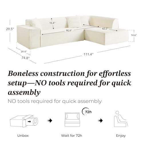 Image of CHITA 112 inch Modular L-Shaped Sofa, Oversized Deep Seat Boneless Couch, Modern Comfy Boneless Sofas for Living Room, No Assembly Required, Right Facing Chaise, Cream