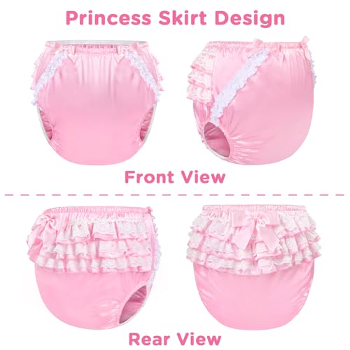 Image of Littleforbig Washable Reusable Waterproof Ruffled Lace Bow Pretty in Pink Satin Over Adult Diaper Cover XXL