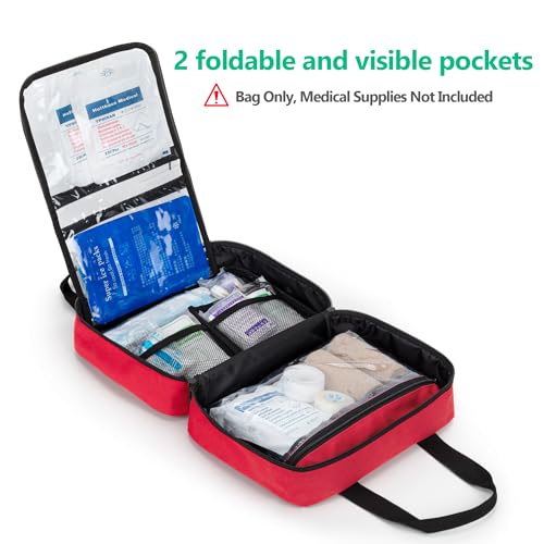 Image of CURMIO Empty First Aid Kits Case, Portable Emergency Kit Organizer, Red | Medical Bag for Emergency Supplies and Pill Bottles, Large Capacity, for Hiking, Camping, Car, Travel, Home and Outdoor