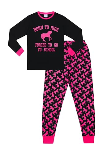 ThePyjamaFactory Girls Born To Ride Forced To Go To School Long Cotton Pyjamas 7 to 16 Years (13-14 Years) Black