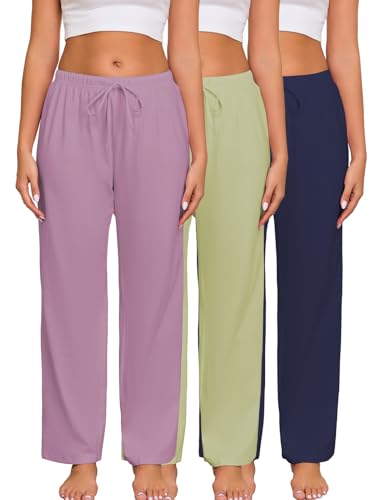 Image of Veseacky Women 100% Cotton Pajama Bottoms Comfy Soft Lounge Sleep Pants Drawstring Sleepwear 3 Pack S-XXL